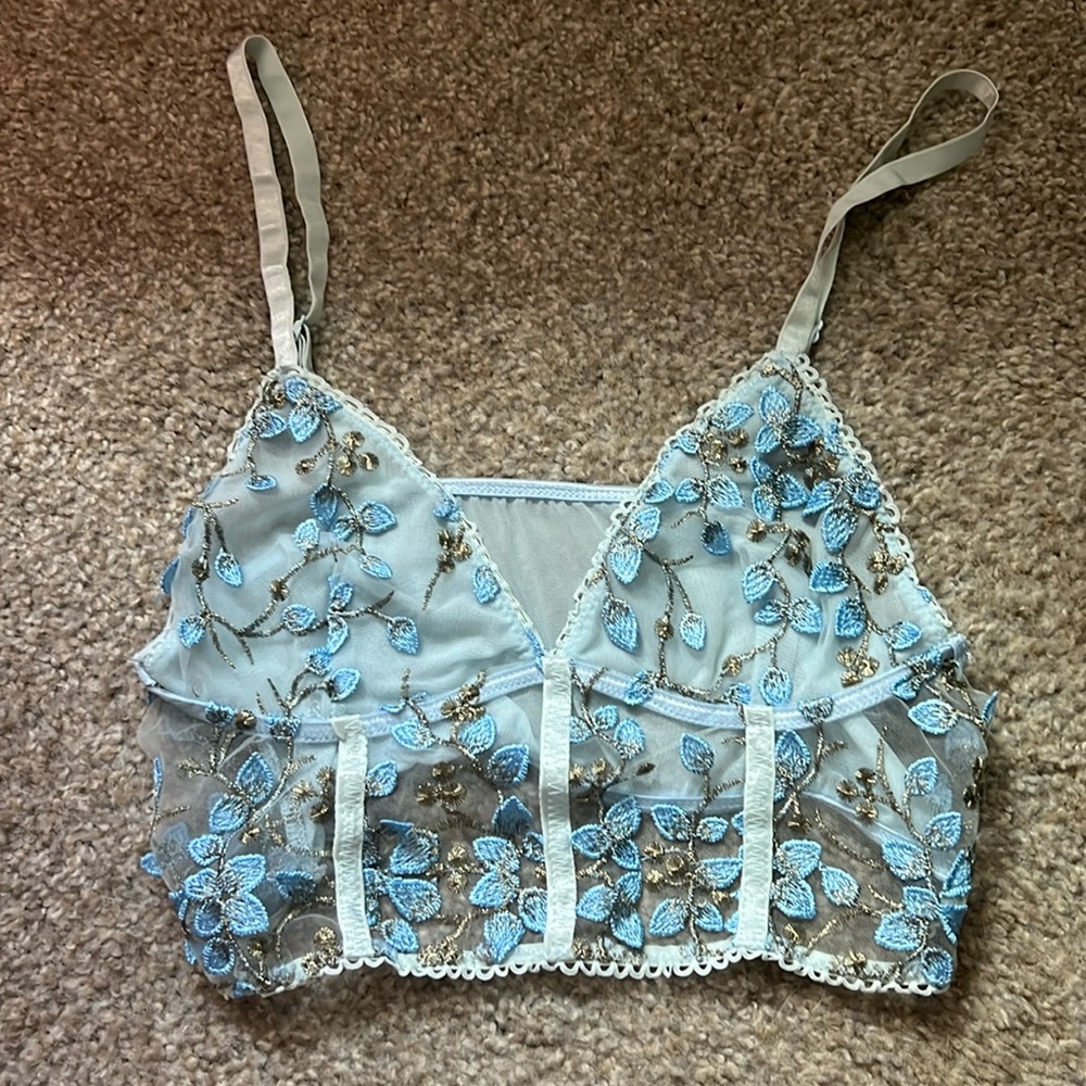 Embroidered blue corset crop top